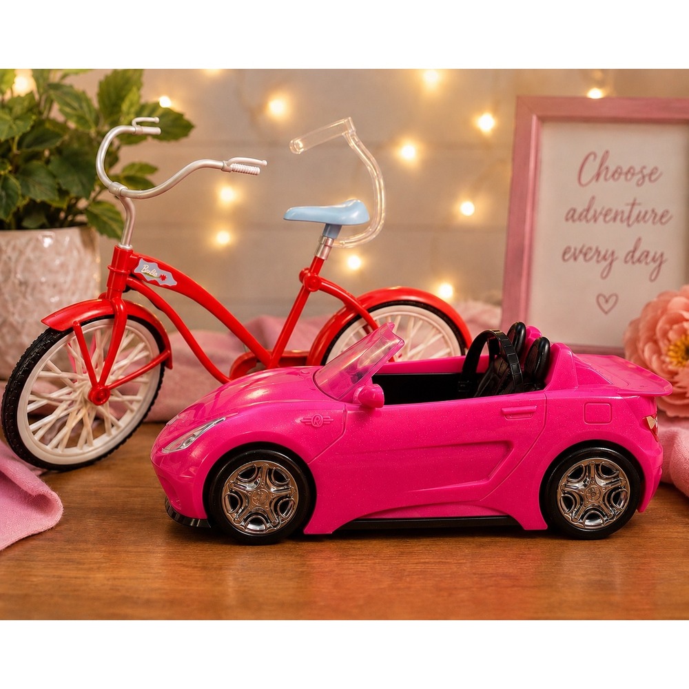 Barbie Pink Convertible Car & Red Cruiser Bicycle Accessories Lot Mattel Bundle
